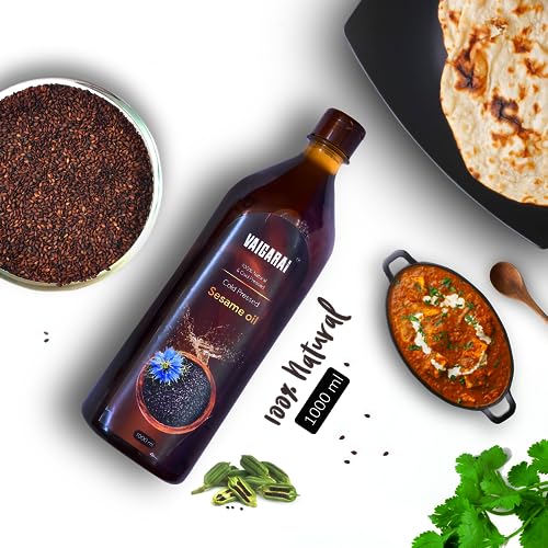 Image of VAIGARAI Wood Pressed Sesame Oil 2 Litre (1L - Pack of 2) | Kachi Ghani Gingelly Oil | Cold Pressed Til Oil | Unrefined & 100% Pure | Cooking & Oil Pulling Use