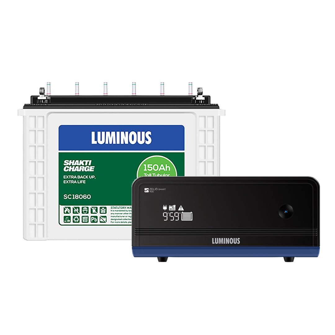 Luminous Zelio+ 1100 Pure Sine Wave Inverter with Shakti Charge SC 18054 150 Ah Tall Tubular Battery for Home, Office & Shops (Blue & White) Inverters