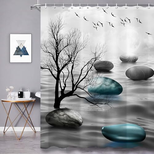 oolygoo Zen Spa Modern Shower Curtain 60"X72" Black White Blue Abstract Shower Curtain Set for Bathroom Tree Stone Men Waterproof Bathtub Curtain Decor Scenery Nature Bathroom Curtain with 12 Hooks