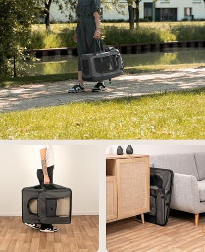 lionto Hundetransportbox faltbar für Reise & Auto, 60x42x44 cm, stabile Transportbox mit Tragegriffen & Decke für Katzen & Hunde bis 12 kg, robuste Hundebox aus Stoff für klein & groß, grau