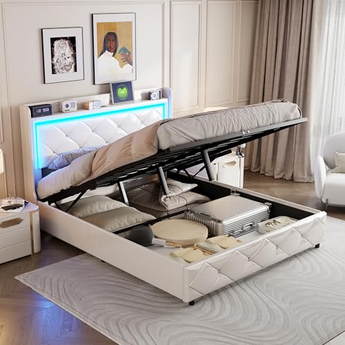 BRYXR Bed Frame (PU blanco + hidráulico, 160 x 200 cm)