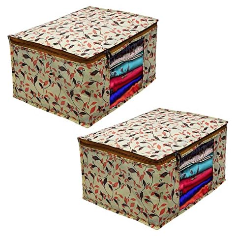 Jewar Mandi Garment Cover Non-Woven Printed Saree Cover Sari Organizer with Transparent Front Storage Bags for Clothes Pack Of 2 (Beige) Cover