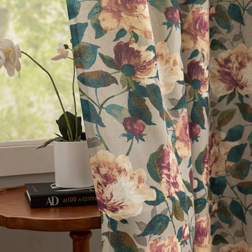Image of ALIGOGO Floral Kitchen Curtains 54 Inch Length, Cottage Semi-Blackout Flower Curtains for Small Window, Light Filering Grommet Floral Drapes 2 Panels, 50W x 54L Inch, Taupe