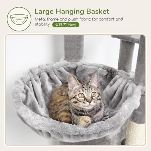 Image of Globlazer F74B Cat Tree for Indoor Cats Large Adult, Multi-Cat, Light Grey | Easy Setup, 74in Tall Tower, Oversized Top Perch, 2 Large Condos, Hanging Basket, 5 Sisal Scratching Posts, Anti-Topple Strap