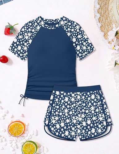 Image of AGAPENG Girls Swimsuit Two Piece Short Sleeve Rash Guard Floral Print Ruched Girls Bathing Suit UPF 50+ Swimwear for 9-16Y