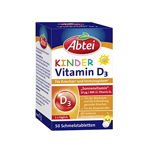 Abtei Kinder Vitamin D3 - für das Knochen- und Immunsystem von Kindern - Glutenfrei, laktosefrei, für Vegetarier geeignet - Mit Zitronengeschmack - 50 Schmelztabletten