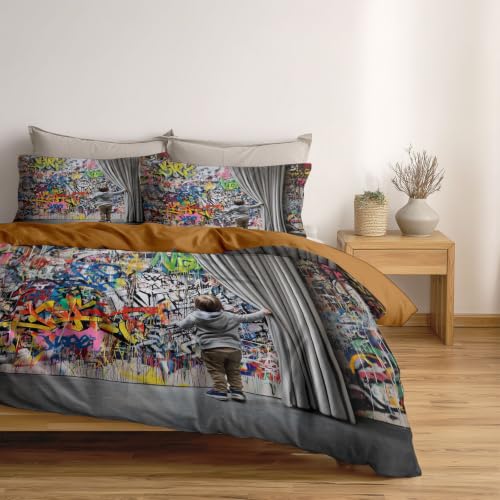 Housse de couette 200x200 cm en microfibre douce style graffiti vibrant