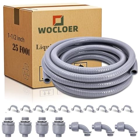 Wocloer 1-1/2 inch 25 Foot Liquid-Tight Conduit Kit, Flexible Non Metallic Electrical Conduit and Connector Kit, With 4 Straight and 3 Angle Fittings Cover