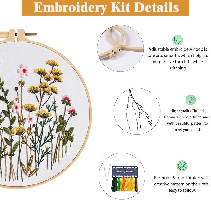 Image of GLTAYLMY Flower Embroidery Kit for Beginners with Pattern and Instructions,3 Pack Cross Stitch Kits,1 Plastic Embroidery Hoops,Threads and Needles,Needlepoint Kit for Adults