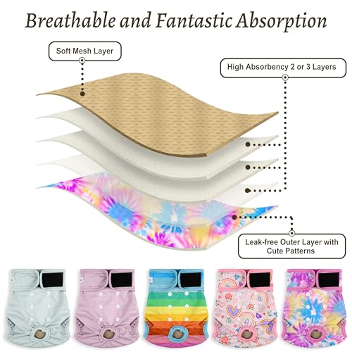 Image of Female Dog Diapers 5Pcs - Premium Reusable Diapers for Doggie in Heat - Highly Absorbent Dog Diapers Female for Pet Incontinence with Adjustable Snaps, Rainbow, XL