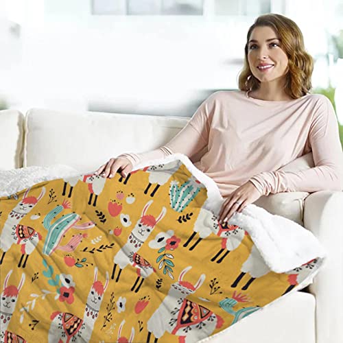 White Llama Cactus Flowers Sherpa Throw Blankets Winter Bed Blanket Warm Sofa Decor Gift Blanket 50X60 Inch With 1 Cosmetic Bag #TOP3