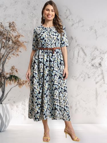 Preneum Women's Georgette Floral Printed 3/4 Slevees A-Line Fit & Flare Gown With Beltindo-Western Ethnic Gown || A-Line Maxi Dress Casual Wear || Fit & Flare Flared Hem Design, Sky Blue, S