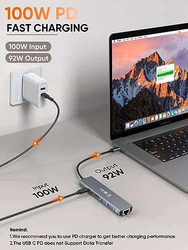 Image of CableCreation 6 in 1 USB C Hub Multiport USB-C Adapter(Lite Series),Type C Dongle Docking Station,4K HDMI,USB 3.0,100M RJ45 Ethernet,100W PD,USB 2.0 and USB-C Data for iPhone 15 Pro Max