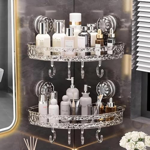 Image of Bathroom Corner Shelf for Wall with Strong Suction Cups - Transparent Acrylic Triangle Storage Rack with Utility Hooks, No-Drill Bathroom Organizer for Shampoo, Soap & Accessories (Round 2 Pcs)