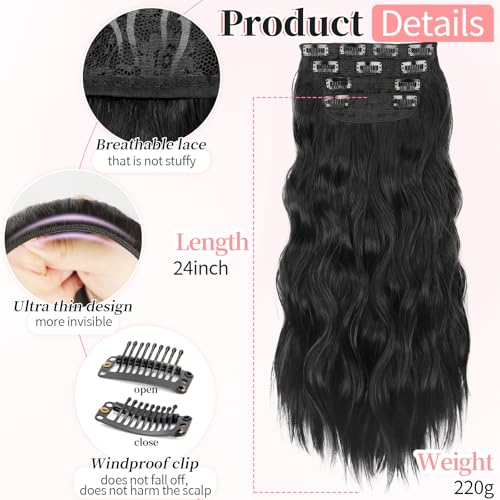 KooKaStyle Clip in Synthetic Hair Extensions Long Wavy 4PCS Thick Hairpieces Black Fiber Double Weft Natural Hair Extensions 24 Inch for Women - Image 3
