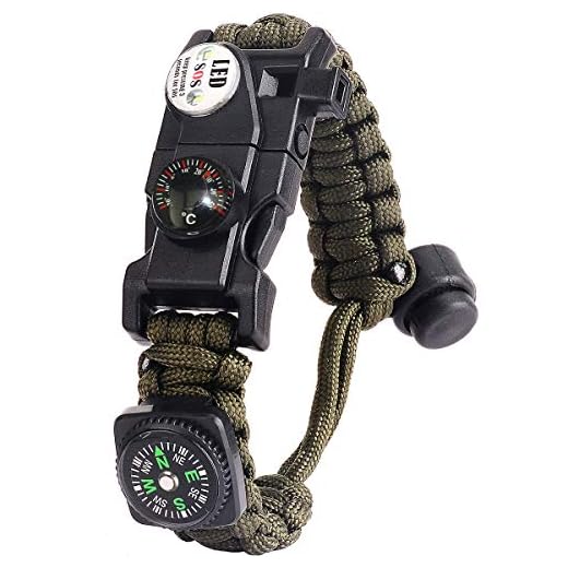 AuRiver Bracelet Paracorde Survie pour Homme Femme, Militaire Paracord Bracelet Kit avec Flint + Boussole + Thermomètre + Sifflet + Lumière LED pour Extérieur, Randonneur, Baroudeur, Explorateurs