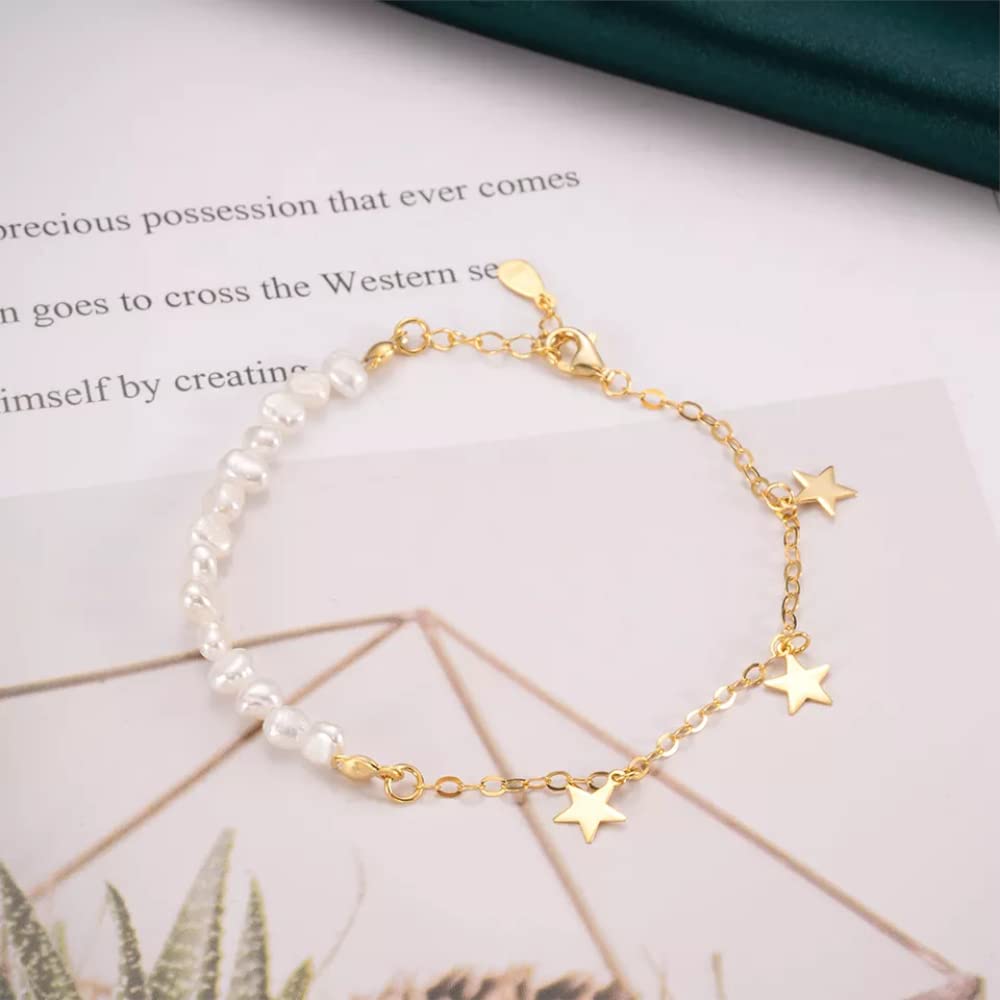 Pulsera o tobillo de plata de ley 925 chapada en oro de 18 quilates, con clip de papel delicado y perlas de agua dulce, cadena cubana o tobillo, 7 pulgadas + extensor de 1 pulgada, hipoalergénico, sin