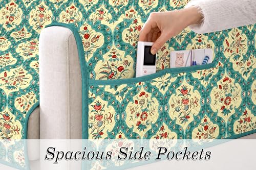 Image of Cloth Fusion 300 GSM Quilted Jaipuri Theme Printed 4 Seater Sofa Cover Mat-Style Fully Covered with Armrest Pockets, Adjustable Straps & Lock Fit (220 cm Seat Run, Floral Damask)