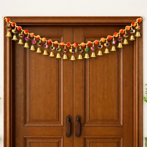 Image of Handmade Multicolor Pom Pom Bandhanwar for Main Door | Bright Traditional Toran with Bells for Door, Mandir & Pooja Room | Decorative Bandhanwar for Diwali, New Home & Festive Decor (39 Inch)