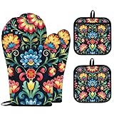 Mintoprints Ofenhandschuhe und Topflappen, mexikanische Blumen, 4 Stück, bunte mexikanische Küchenhandschuhe, hitzebeständig, Ofenhandschuh zum Kochen, Backen