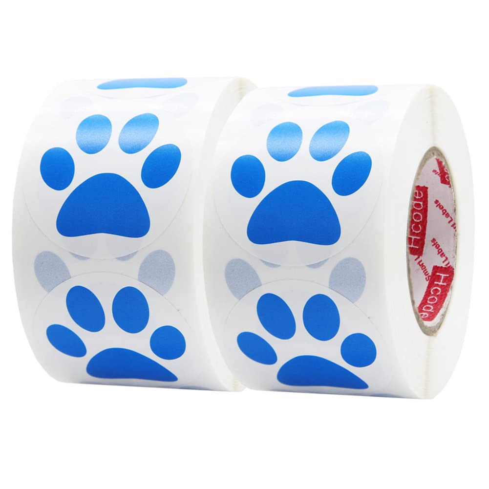 Hcode 1.5" Round Blue Bear Paw Print Stickers Dog Puppy Bear Paw Stickers 500 Pieces per Roll (Blue, 2 roll)