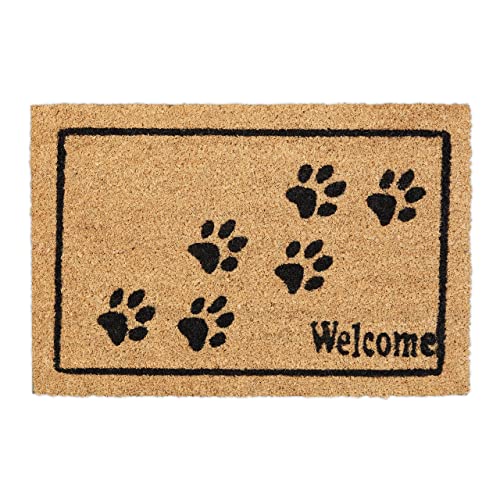 Relaxdays Fußmatte Welcome mit Pfoten, Kokos, 60 x 40 cm, Fußabtreter innen & außen, rutschfeste Türmatte, Natur/schwarz