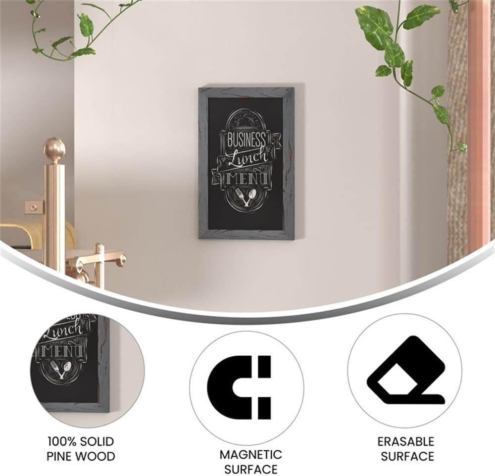 Pemberly Row 11"x17" Wall Mounted Magnetic Chalkboard, Rustic Gray Finish, Solid Pine Wood Frame, Non-Porous Porcelain Steel Surface, Vertical or Horizontal Hanging, Home or Office Memo Board