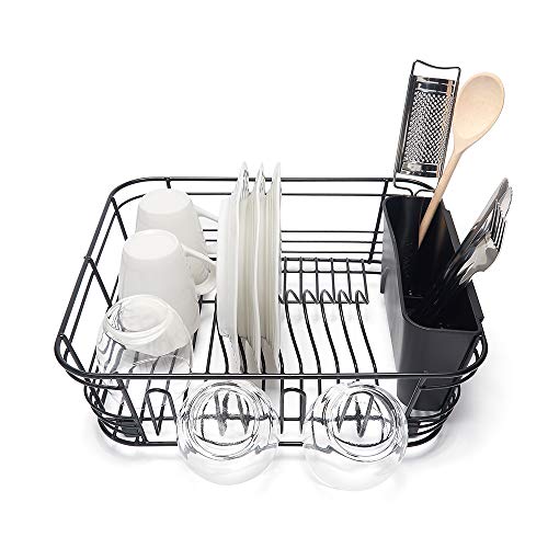 simplywire - Dish Drainer with Cutlery Basket and Glass Drying Hooks - Black Plastic Coated Steel - Image 3