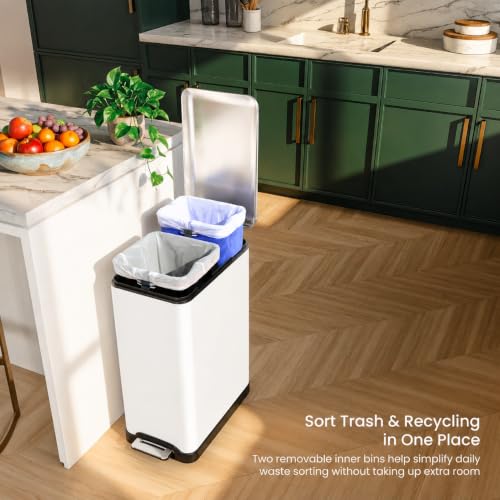 Image of Home Zone Living 13 Gallon Slim Kitchen Trash Can with Dual Compartments for Recycling, Stainless Steel, White, 50 Liters Total