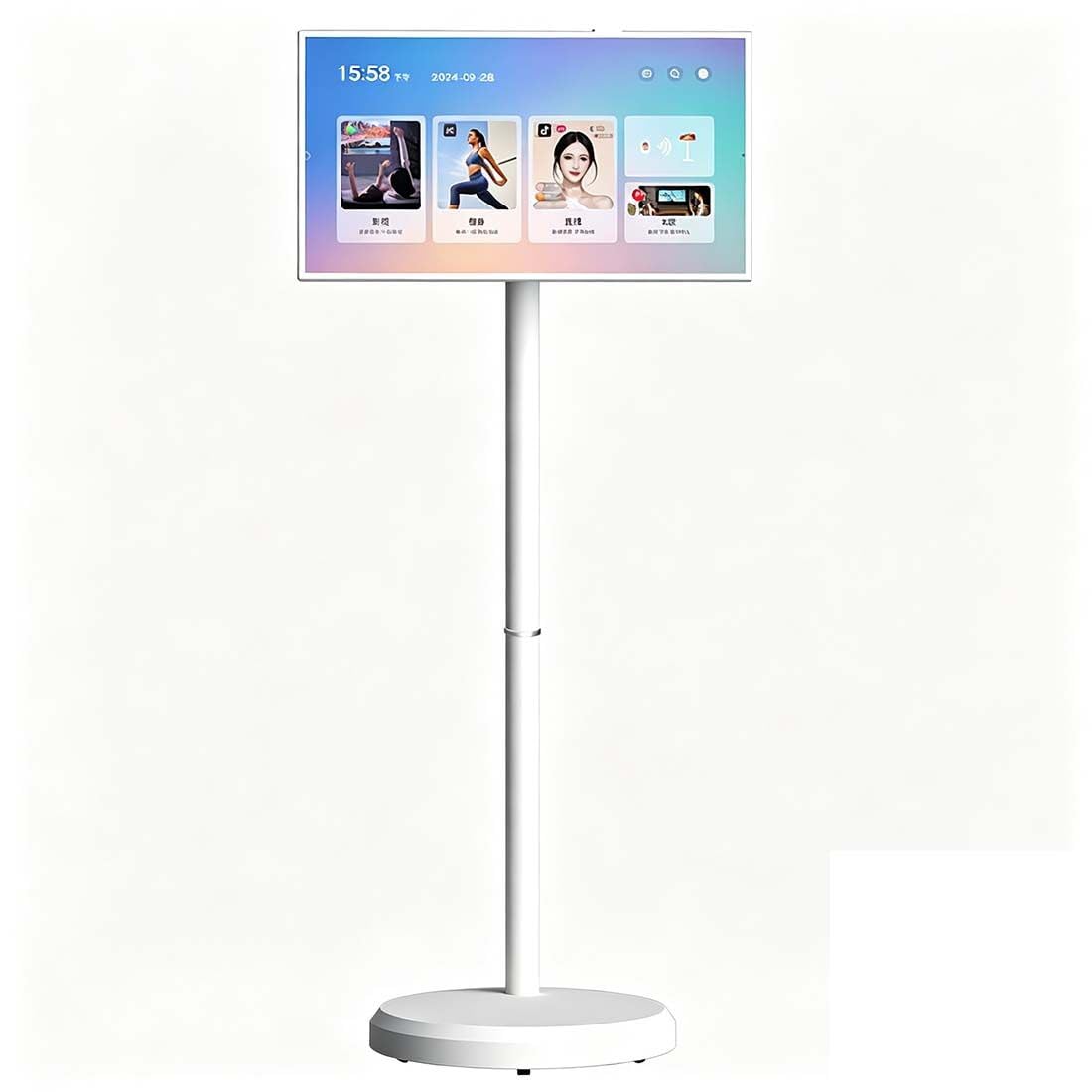 Smart TV Portatile 24" su Ruote, Monitor Touchscreen 1080p HD con Batteria Integrata, Operativo Android, Trasmissione Wireless, Supporto Girevole Completo con Ruote per Casa E Ufficio