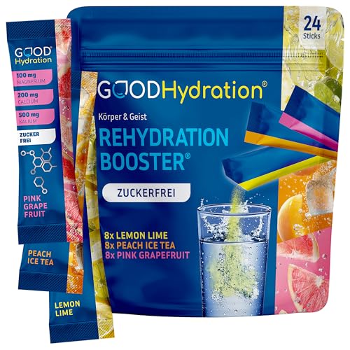 GOOD Hydration® Rehydration Booster VARIETY PACK - 1.450mg Elektrolyte OHNE ZUCKER plus BCAA, Biotin und 6 Vitamine - Elektrolyt Pulver für Sport, Arbeit & Party - Probierpack mit 3 Sorten - 24 Sticks