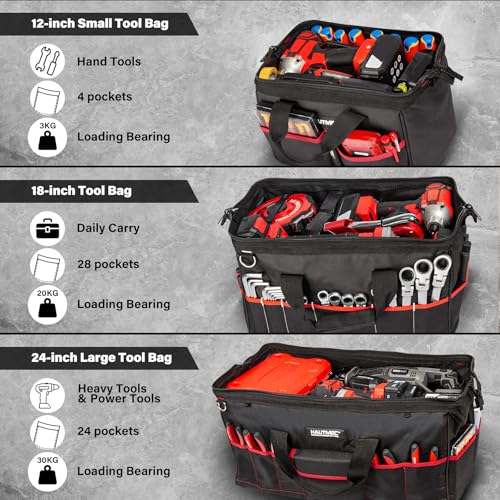 Image of HAUTMEC 3-Piece Large Tool Bag Set (12 inch / 18 inch / 24 inch), Heavy-Duty 1680D Wide Mouth Tool Bag with Metal Frame, Foldable Tool Tote Bag with Non-Slip Base, Double Zippers & Padded Shoulder Strap - HT0297
