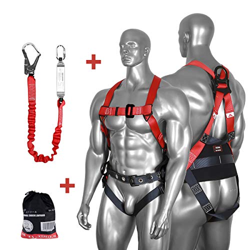 DCM SH-422010 Full Body Standard Construction Safety Harness Kit with Single Hook Shock Absorbing Lanyard, Fall Protection Universal Harnesses for Working Roofing Climbing (Harness + Lanyard)