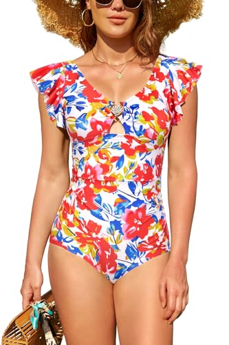 SHEKINI Tummy Control One Piece Bathing Suit Ruffled Sleeves Women One Piece Swimsuit Low Neck 1 Piece Swimsuit(M, Red Flower)