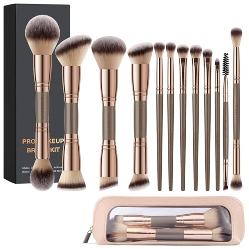 MAGEFY Makeup Brushes 12Pcs with Bag, Double-End Multi-functional for Foundation Powder Blush Eyeliner Eyeshadows brushes with Gift Box,Champagne