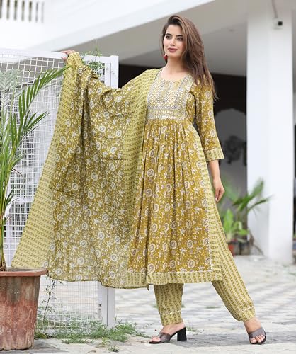 Image of Women's Stylish Rayon Nayra Cut Kurta Embroidered Work and Round Neck 3 /4 Sleeve with Pant Dupatta Set