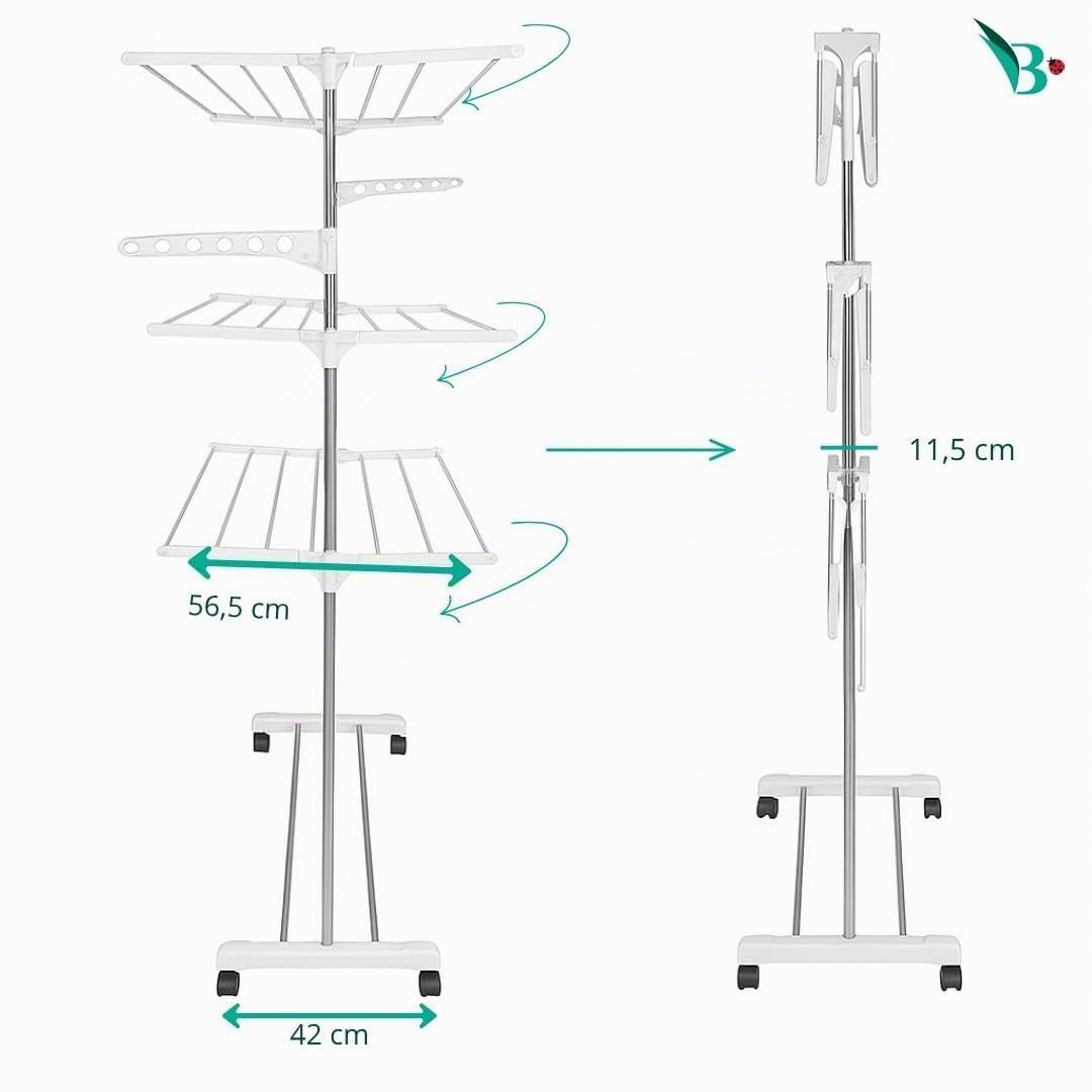 BERARDI Stendibiancheria Verticale Pieghevole, 3 Ripiani, Bianco, con 4 Ruote, 142x55x172cm, Capacità 30kg