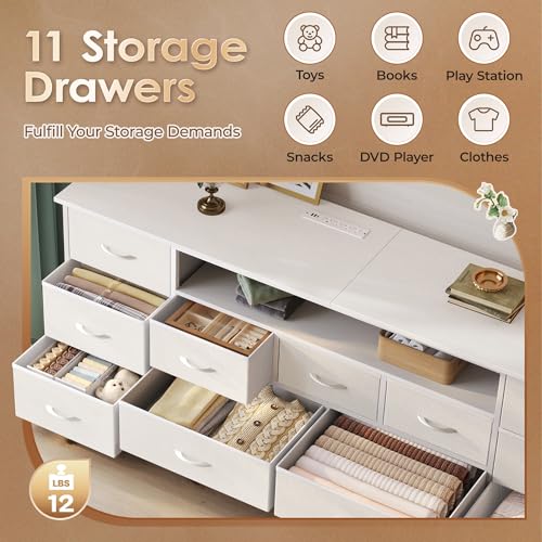Huuger 63 Inch TV Stand for 65, 70 Inch TV, 11 Drawer Long Dresser with Power Outlets and LED Lights, Entertainment Center with Storage, White Dresser with PU Leather Surface