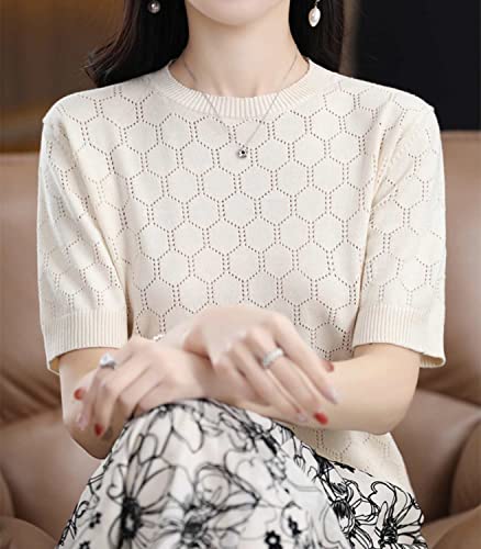 Summer Hollow Out T-Shirt Women's Short Sleeve Sweater Cotton Knitted O-Neck Lightweight Pointelle Breathable Tops2