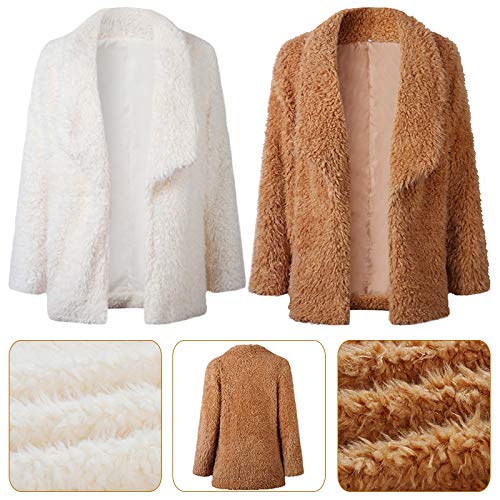 Comeon Women's Fuzzy Fleece Jacket Lapel Open Front Long Jackets Faux Fur Warm Winter Cardigan Coat Outerwear With Pockets (Light Beige,Large) #TOP5