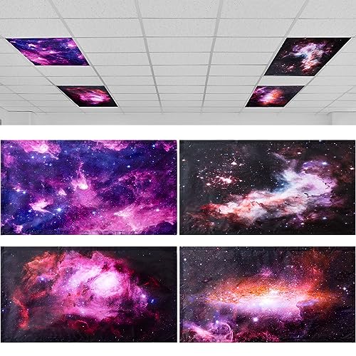 Image of ROCEEI Pack of 4 Fluorescent Light Covers for Ceiling Lights, 4 x 2 Ft, Magnetic Light Covers for Classroom Office Home School Ceiling Decor(Nebula)
