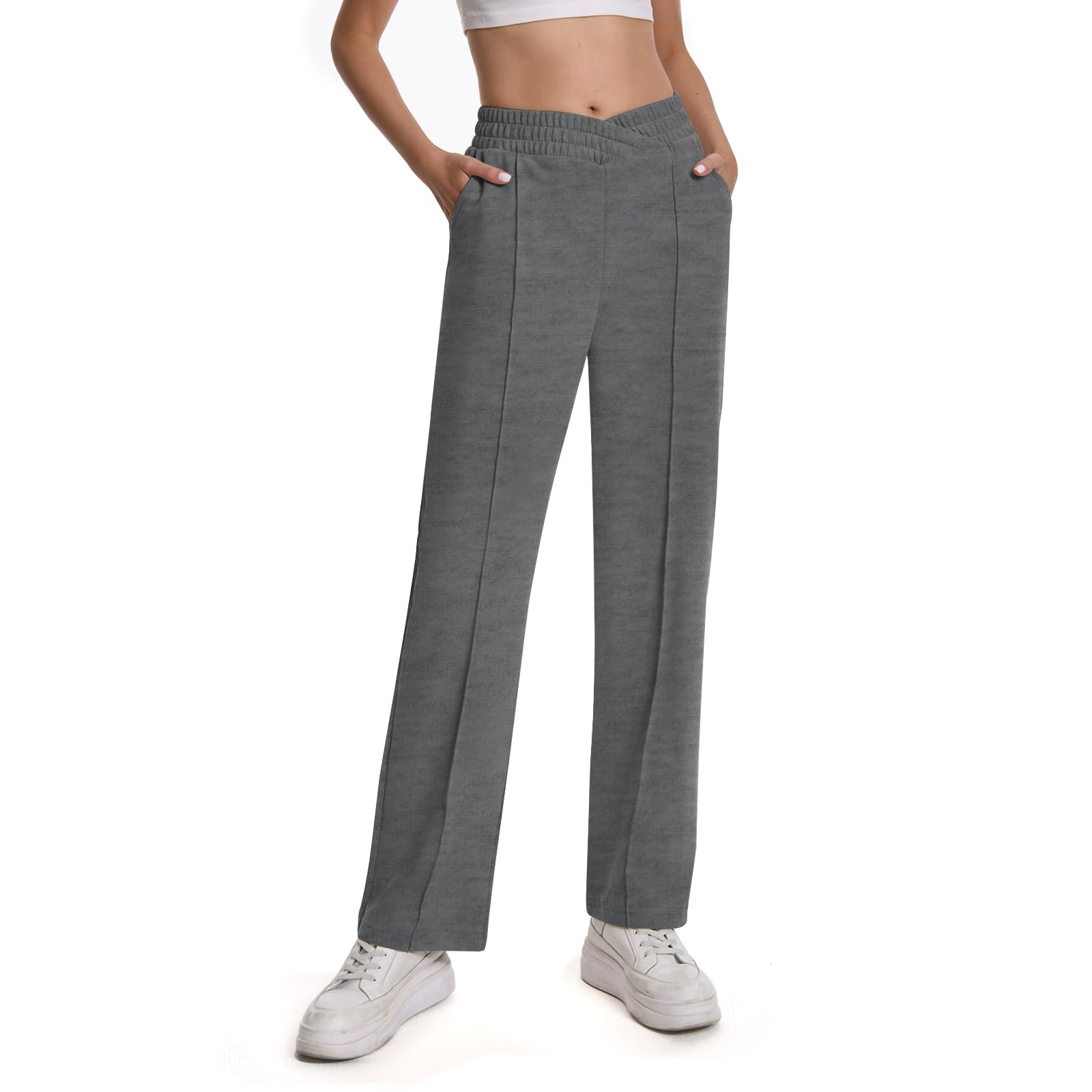 Damskie spodnie dresowe z kieszeniami, jednokolorowy dres treningowy V-crossover Baggy, elastyczna talia, spodnie do biegania w czasie wolnym, hip-hopowym, na siłownię i jogging