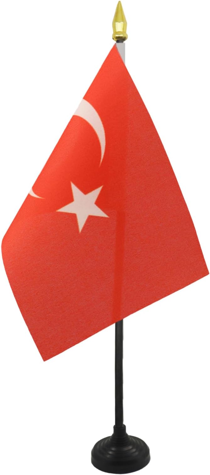 Turkey Table Flag 4'' x 6'' - Turkish Desk Flag 15 x 10 cm - golden spear top - AZ FLAG