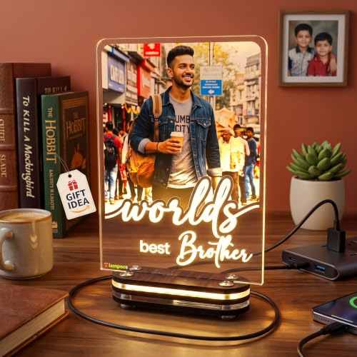 Image of lampees Personalised 3D Worlds Best Brother Custom Photo LED Lamp, 18x13 cm | HD UV Photo Print, Warm White LED, USB Powered, Wood & Acrylic Base, 4mm Acrylic Panel