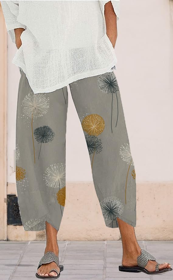 Womens Capri Pants Dandelion Printed Wide Leg Trousers Summer Casual Boho Floral Cropped Palazzo Pants with Pockets2