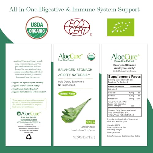 AloeCure USDA Organic Aloe Vera Juice Made Within 12 Hrs of Harvest - Pure Aloe Juice Natural Digestive Supplement to Support Digestion, Immune System and Balanced Stomach Acidity, 500ml Bottle - Image 5