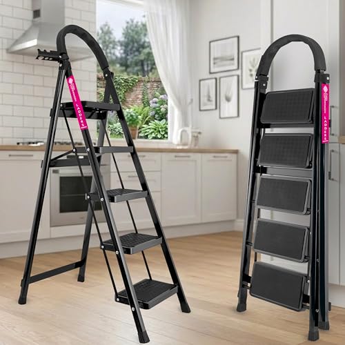 Image of Casa Copenhagen Black 5 Step Ladder for Home Use with Built-in Tool Tray | Heavy Duty D Shape Rods | Ultra Large Platform | Wide Rubber Feet | 150Kg Capacity Foldable Ladder - 7 Years Warranty