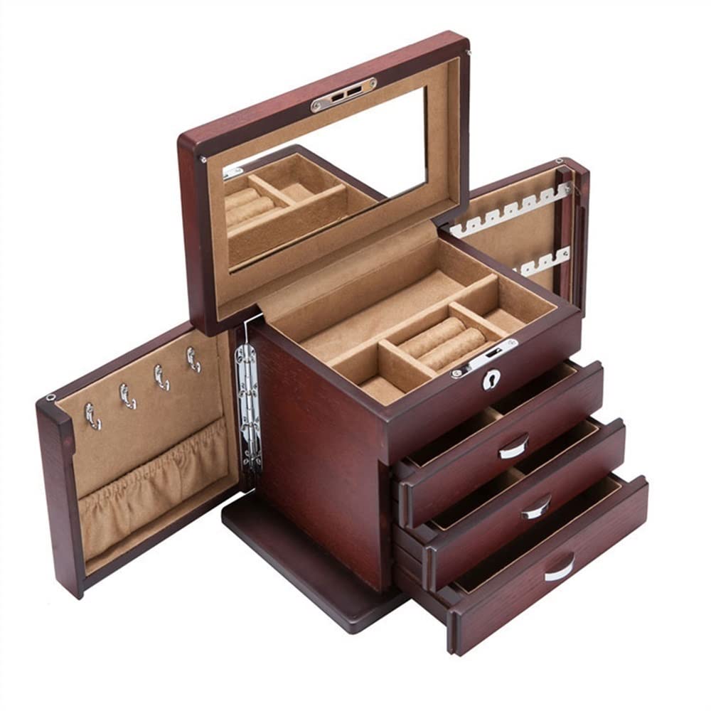 TIANQIHAO Wooden Jewelry Box With Lock, 4 Layer Jewelry Organizer Box, Jewelry Storage Box, Portable Jewelry Case For Necklaces, Earring, Rings, Watches