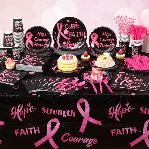 Image of Funnymoom 452 Pcs Breast Cancer Awareness Decoration Black Pink Cure Faith Love Paper Plates Napkins Cups Tablecloth Cutlery Straws for Breast Cancer Awareness Month Women Charity Activities Supplies