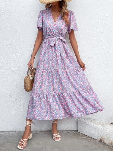 Image of MASCOMODA Women Boho Swiss Dot Maxi Dresses Wrap V Neck Flutter Short Sleeve Solid Tie Waist A Line Tiered Flowy Long Dresses